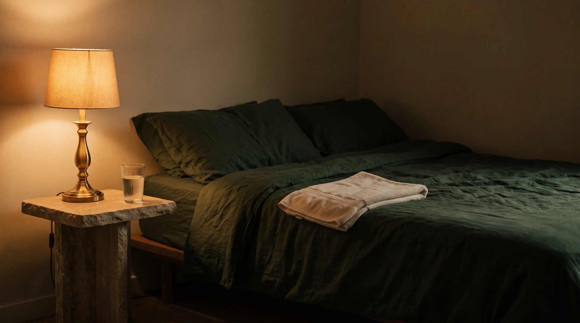 A bed made up in dark green linen with a folded ivory towel, lit by a single warm lamp.