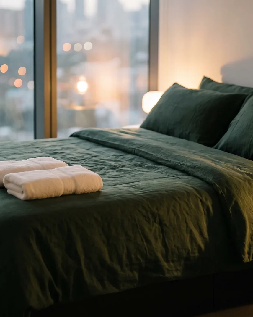 A prepared room at dusk: folded ivory towels on dark green linen, warm lamplight, city lights beyond the window.
