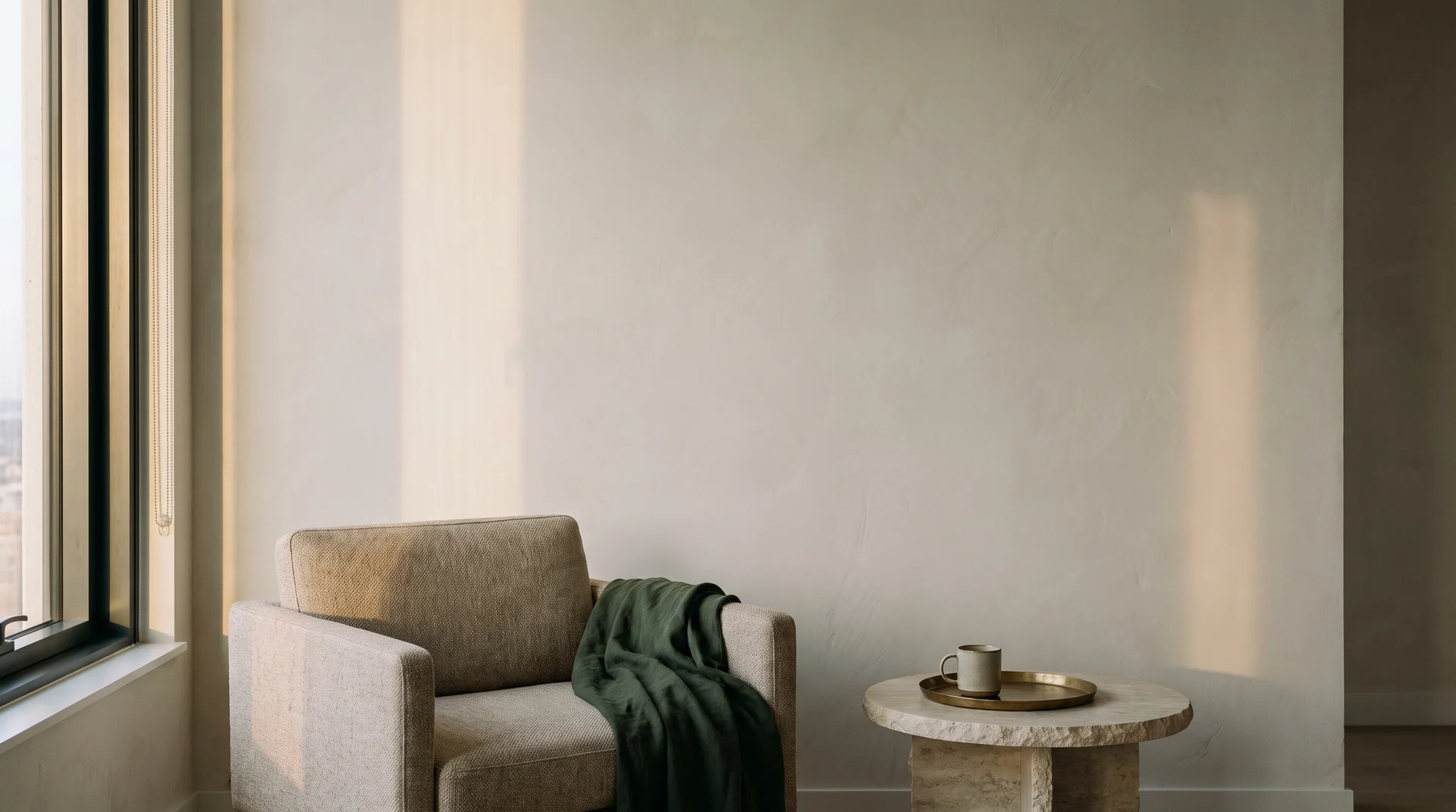 A quiet corner of a Manila apartment in late afternoon light, a green linen throw over a linen armchair.