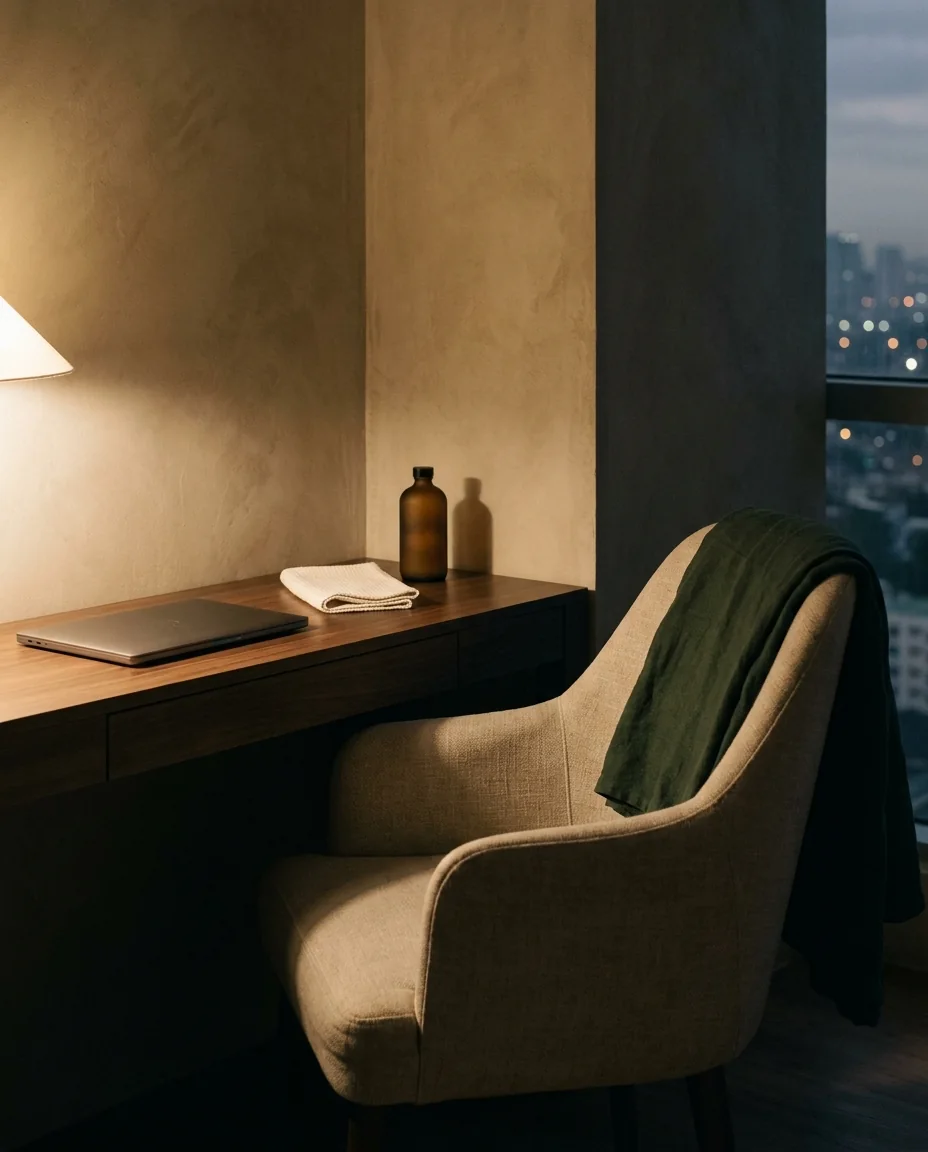 A home work corner at early evening: a closed laptop, a linen chair with a dark green throw, a folded ivory towel and a small oil bottle under warm lamplight.