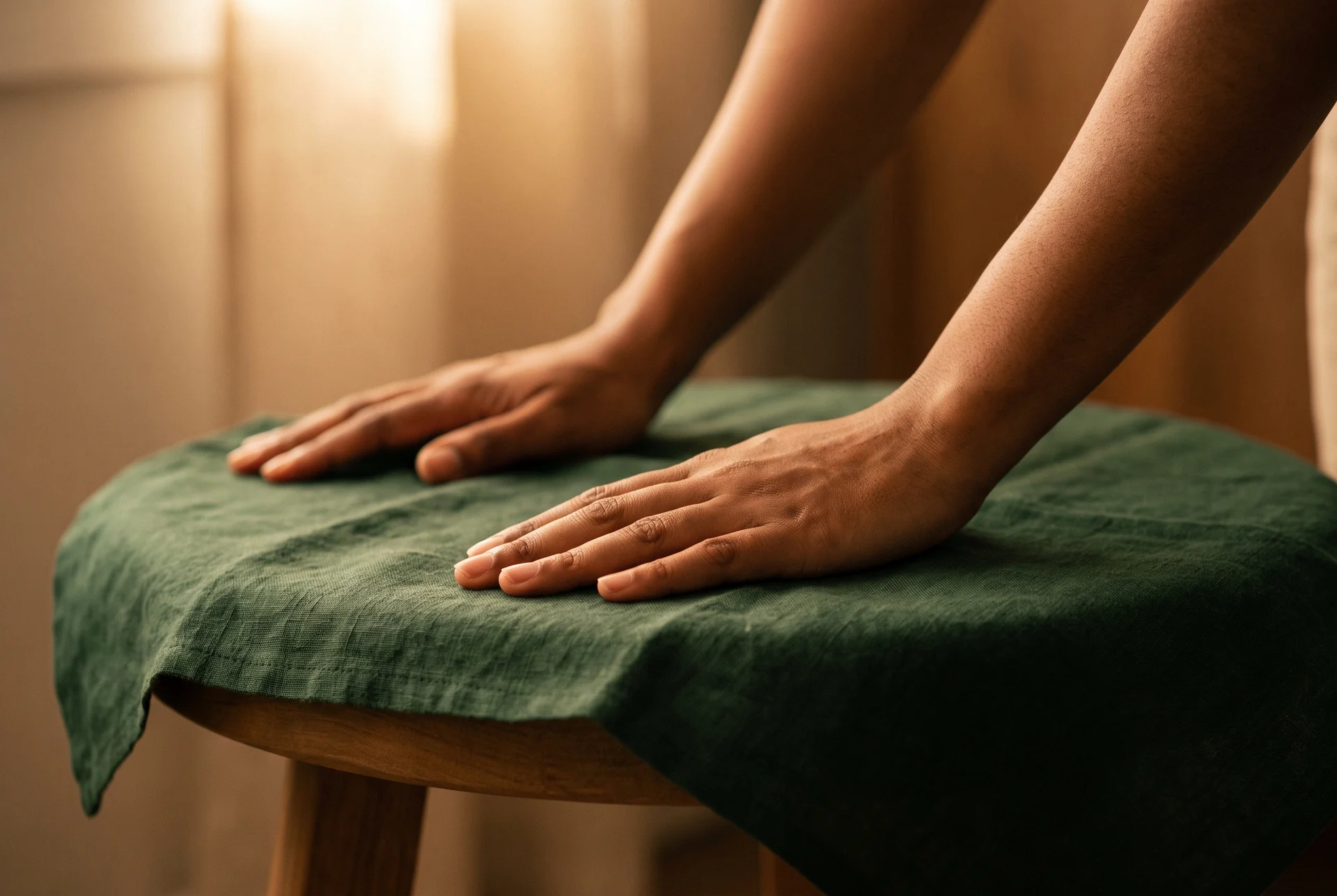 Hands smoothing dark green linen over a low wooden stool.