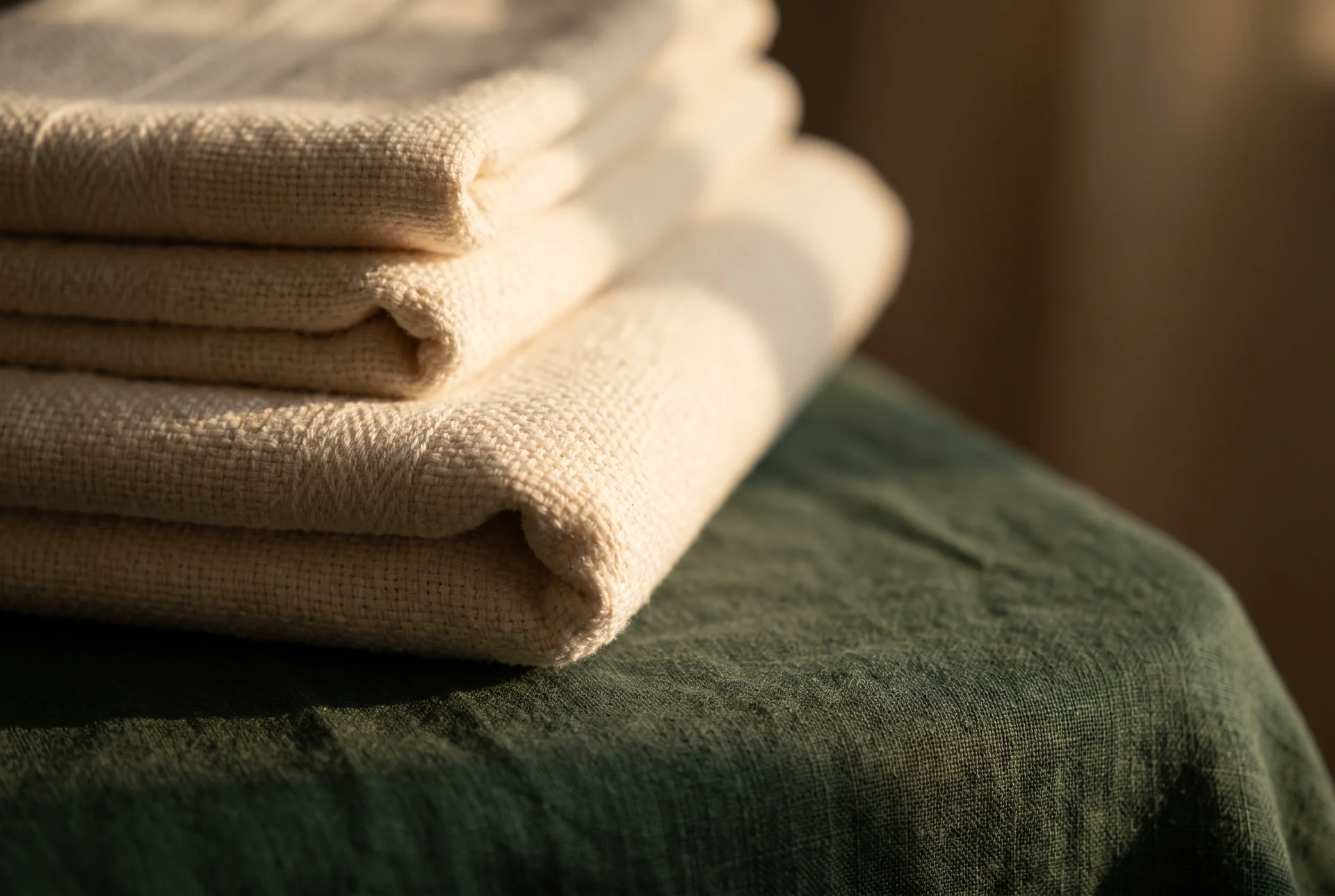 Folded ivory towels stacked on dark green linen in warm raking light.
